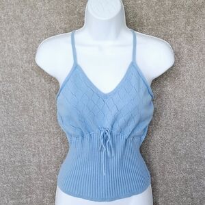 Light Blue Sleeveless Knit Camisole Top Vneck Drawstring Belt Criss-Cross Straps